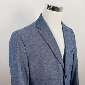H&M 44R Slim Fit Chambray Sport Coat Elbow Patches Blue Cotton Two Button Vented